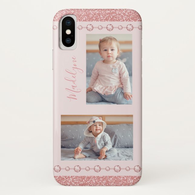 Blush Pink Rhinestone Glitter Name Photo Case-Mate iPhone Case (Back)