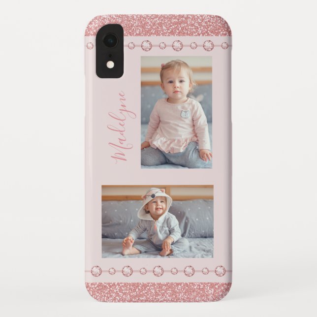 Blush Pink Rhinestone Glitter Name Photo Case-Mate iPhone Case (Back)