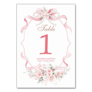 Blush Pink Ribbon Bow Pearl Floral Baptism Table Number