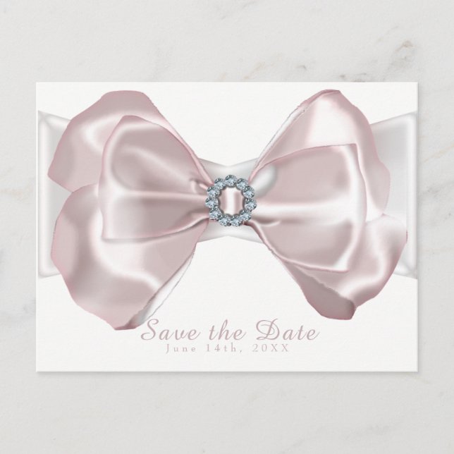 Blush Pink Ribbon & Diamonds Elegant Save the Date Announcement Postcard (Front)