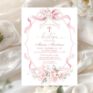 Blush Pink Ribbon Pearl Floral Christening Baptism Invitation