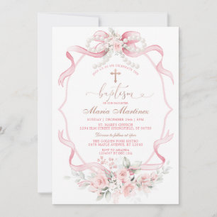 Blush Pink Ribbon Pearl Floral Christening Baptism Invitation
