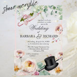 Blush Pink Romantic Floral Top Hat Wedding Acrylic Invitations<br><div class="desc">Romantic pastel watercolor rose garden floral blossom botanical Blush PInk wedding invitation. This unique and charming invitation features bouquets of soft pastel watercolor roses in shades of blush pink, pastel pink , peach and cream with green botanical and eucalyptus leaves. Also features the wonderful top hat and walking stick with...</div>
