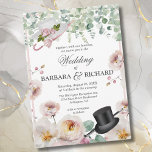 Blush Pink Romantic Floral Top Hat Wedding Invitation<br><div class="desc">Romantic pastel watercolor rose garden floral blossom botanical Blush PInk wedding invitation. This unique and charming invitation features bouquets of soft pastel watercolor roses in shades of blush pink, pastel pink , peach and cream with green botanical and eucalyptus leaves. Also features the wonderful top hat and walking stick with...</div>