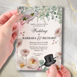 Blush Pink Romantic Floral Top Hat Wedding Vellum Invitations