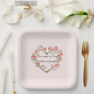 Blush Pink Romantic Red Rose Floral Heart Wedding Paper Plate