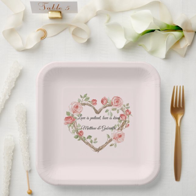 Blush Pink Romantic Red Rose Floral Heart Wedding Paper Plate (Wedding)