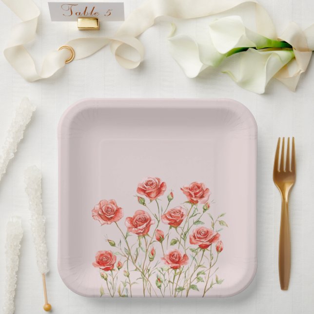 Blush Pink Romantic Red Roses Bridal Shower Paper Plate (Wedding)