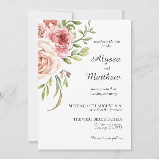 Blush Pink Romantic White Roses Floral Wedding Invitation (Front)