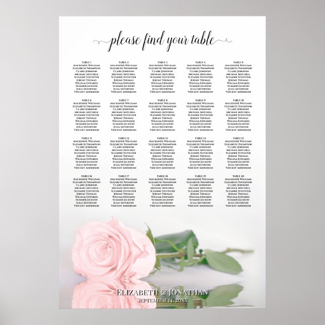Blush Pink Rose 20 Table Wedding Seating Chart (Front)