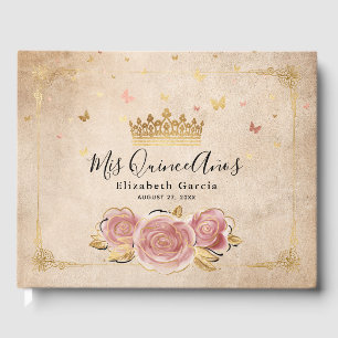 Blush Pink Rose and Gold Crown Elegant Quinceanera Guest Book