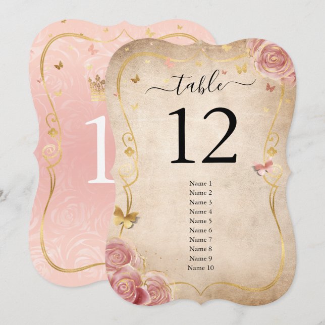 Blush Pink Rose and Gold Guest Name Table Numbers (Front/Back)