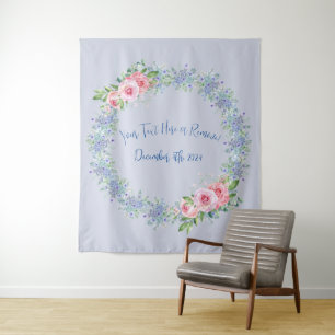 Blush Pink Rose & Blue Floral Photo Backdrop Tapestry