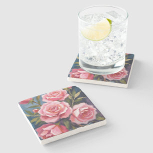 Blush Pink Rose Bouquet Painting Stone Coaster