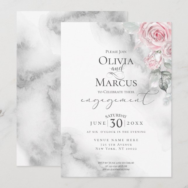 Blush Pink Rose Bouquet Pewter Watercolor Invitation (Front/Back)