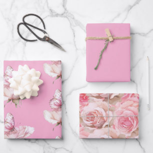 Blush Pink Rose Butterfly Birthday Wrapping Paper Sheet