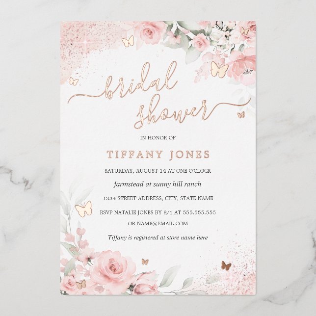 Blush Pink Rose Butterfly Floral Bridal Shower (Front)