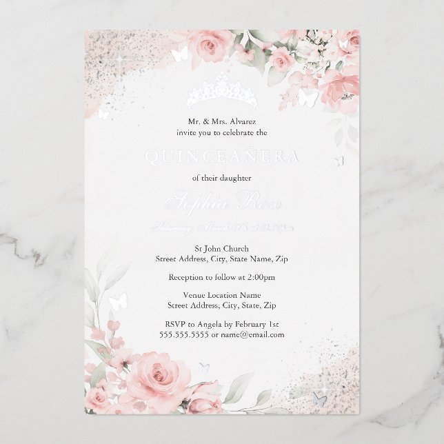 Blush Pink Rose Butterfly Silver Quinceanera (Front)