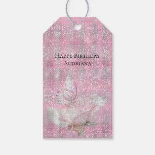 Blush Pink Rose Butterfly Sparkle Birthday Gift Tags