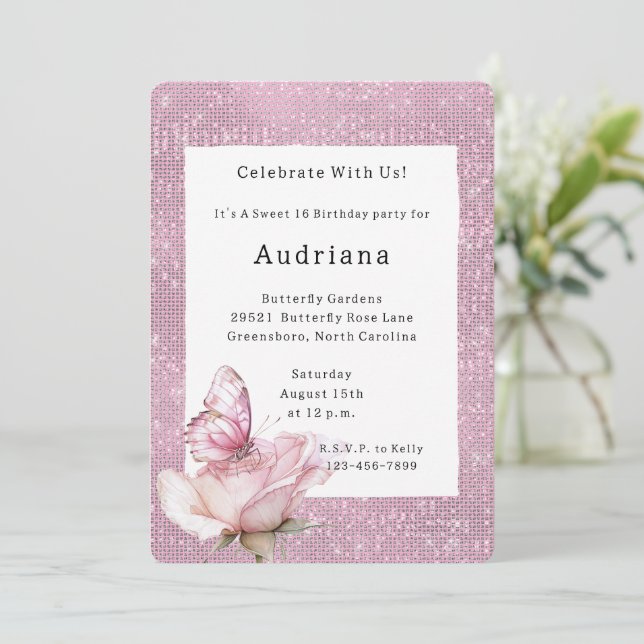 Blush Pink Rose Butterfly Sparkle Birthday Invitation (Standing Front)