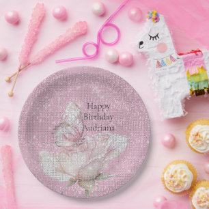 Blush Pink Rose Butterfly Sparkle Birthday Paper Plate