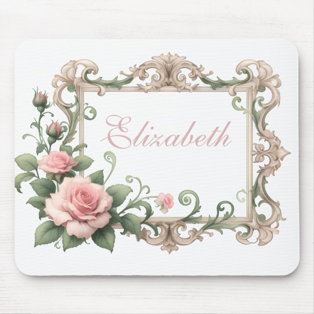 Blush Pink Rose Custom Name Mouse Mat (Front)