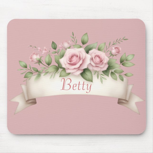 Blush Pink Rose Custom Name Mouse Mat (Front)