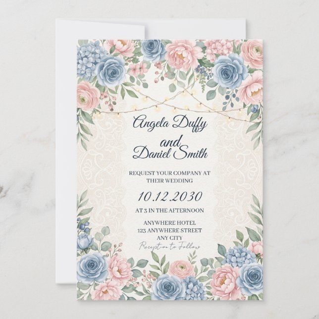 Blush Pink Rose Dusty Blue Hydrangea Wedding Invit Invitation (Front)