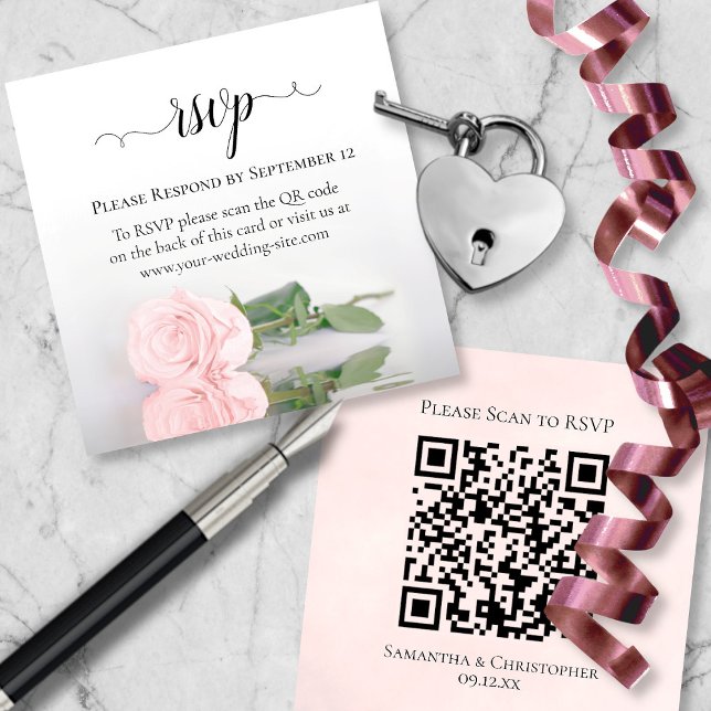 Blush Pink Rose Elegant Wedding RSVP QR Code Enclosure Card (Front/Back)
