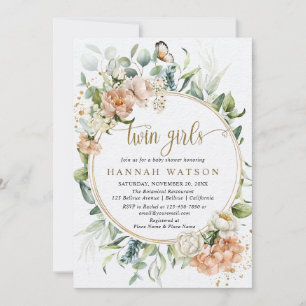 Blush Pink Rose Eucalyptus Twin Girls Baby Shower Invitation