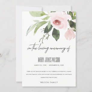 BLUSH PINK ROSE FLORA WATERCOLOR SYMPATHY MEMORIAL THANK YOU CARD