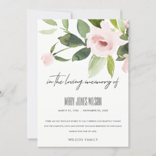 BLUSH PINK ROSE FLORA WATERCOLOR SYMPATHY MEMORIAL THANK YOU CARD