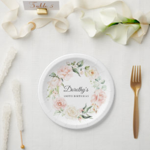 Blush Pink Rose Floral 100th Birthday Paper Plate