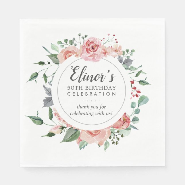 Blush Pink Rose Floral 50th Birthday Thank You Napkin (Front)