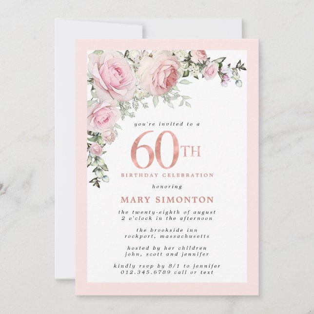Blush Pink Rose Floral 60th Birthday Party Invitation (Front)