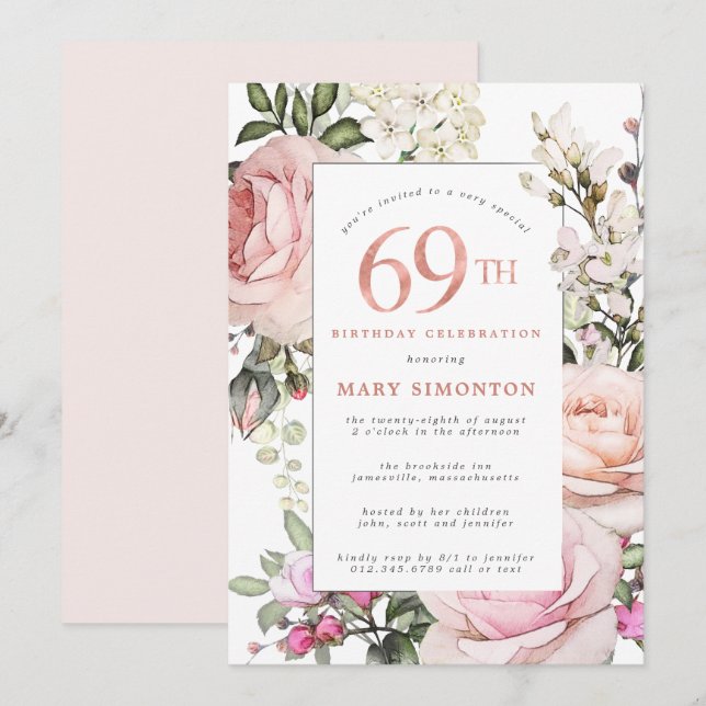 Blush Pink Rose Floral 69th Birthday Party Invitation (Front/Back)