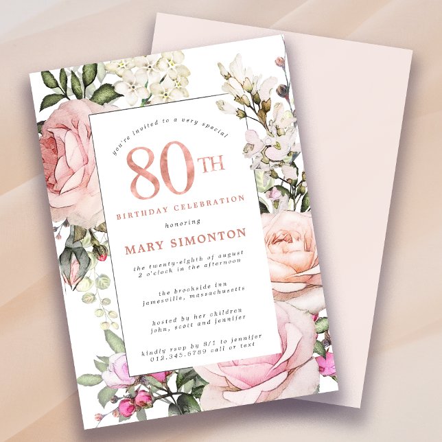 Blush Pink Rose Floral 80th Birthday Party Invitation (Creator Uploaded)