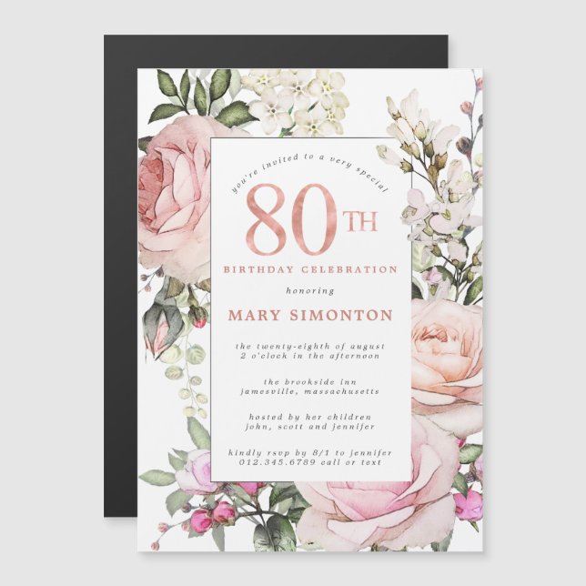 Blush Pink Rose Floral 80th Birthday Party Magnetic Invitation (Front/Back)