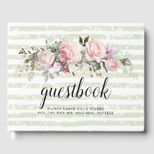 Blush Pink Rose Floral and Stripe Wedding Guest Book