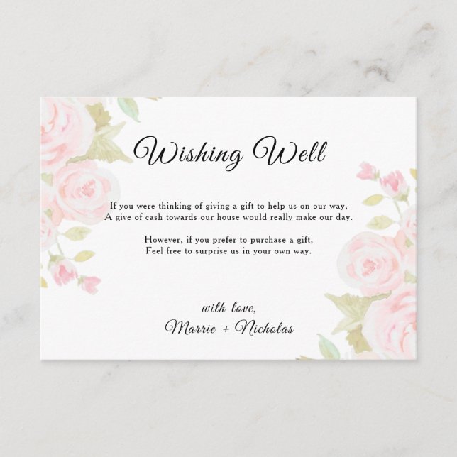 Blush Pink Rose Floral Art Wedding Wishing Well Enclosure Card (Front)