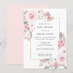 Blush Pink Rose Floral Baby Shower Invitation