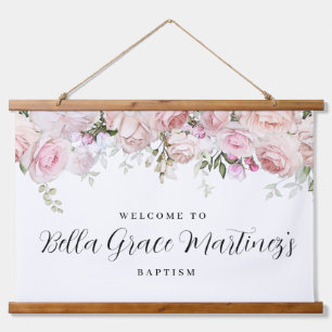 Blush Pink Rose Floral Baptism Welcome Hanging Tapestry