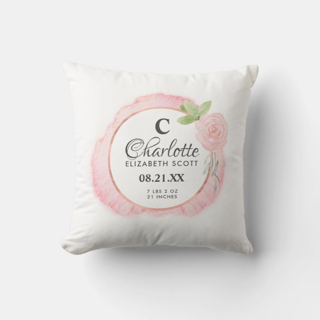 Blush Pink Rose Floral Birth Stats Cushion (Front)