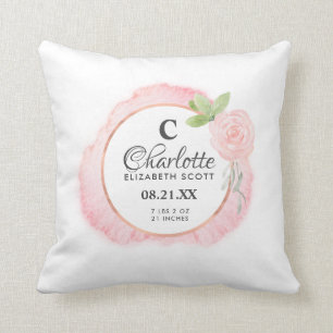 Blush Pink Rose Floral Birth Stats Cushion