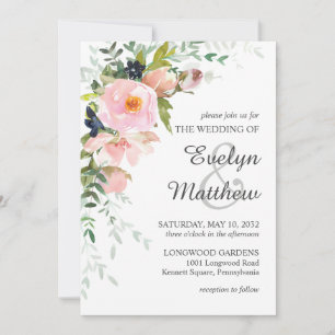 Blush Pink Rose Floral Bouquet on White Wedding Invitation