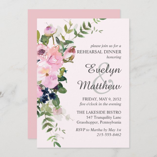 Blush Pink Rose Floral Bouquet Rehearsal Invitation (Front/Back)