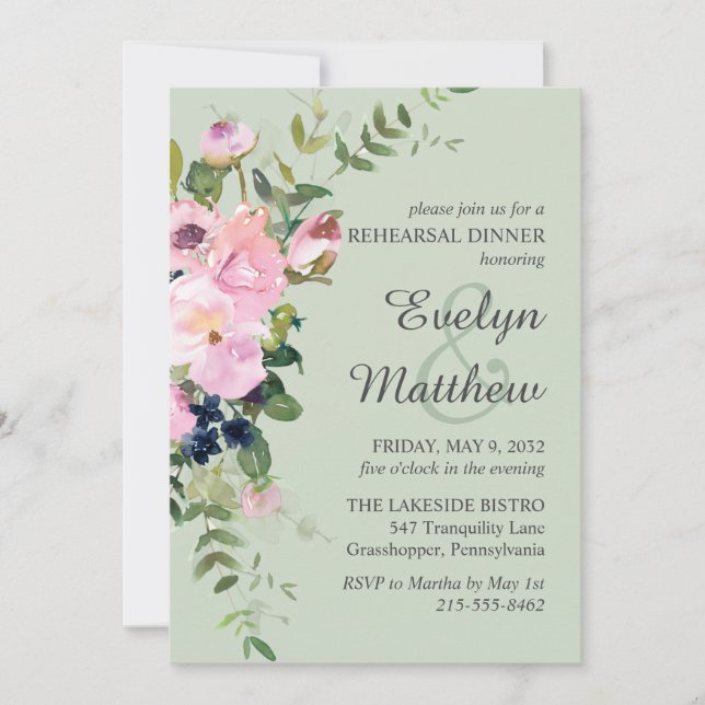 Blush Pink Rose Floral Bouquet Sage Rehearsal  Invitation (Front)