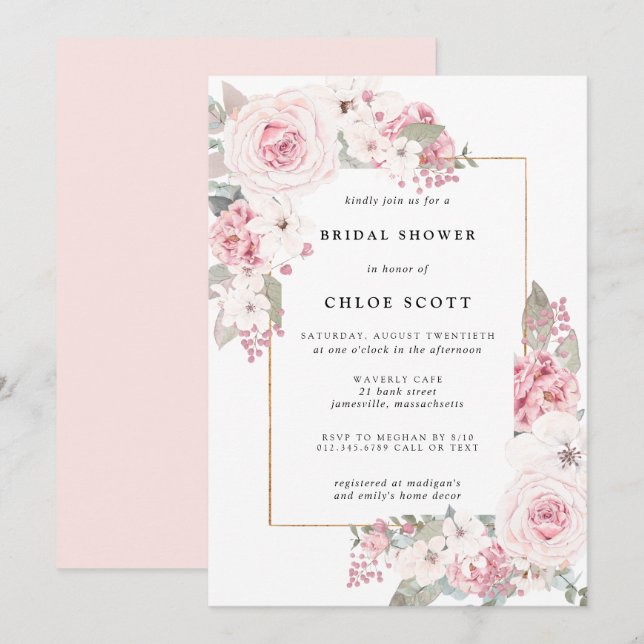 Blush Pink Rose Floral Bridal Shower Invitation (Front/Back)