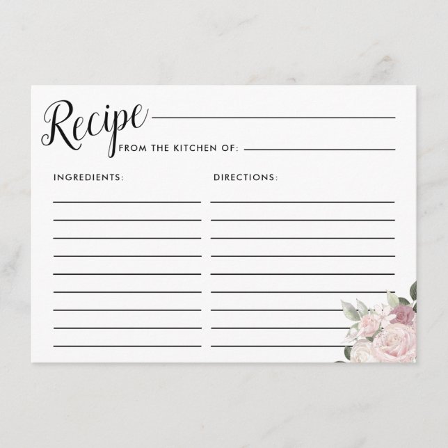 Blush Pink Rose Floral Bridal Shower Recipe Card (Front)