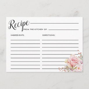 Blush Pink Rose Floral Bridal Shower Recipe Card